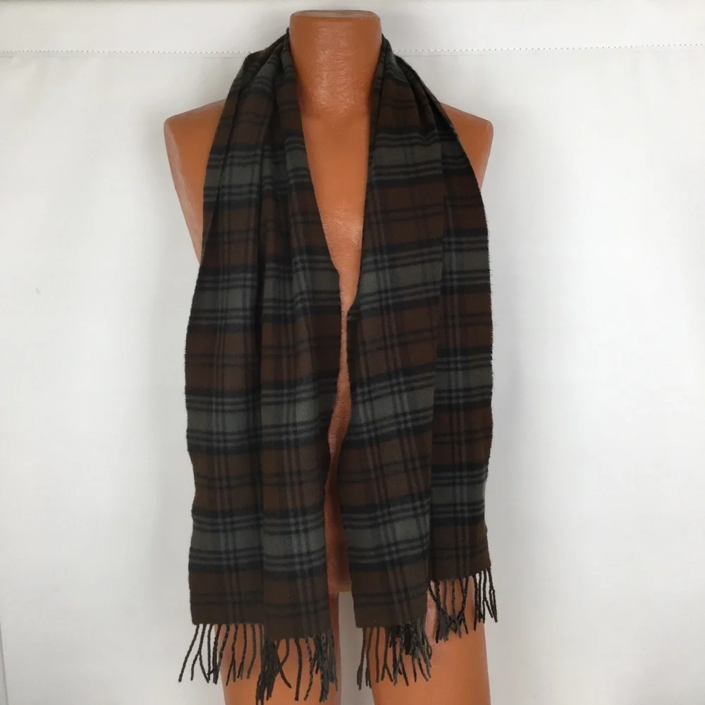 100% Cashmere Made in Scotland Chocolate Brown Latte Plaid Fringe Scarf Unisex